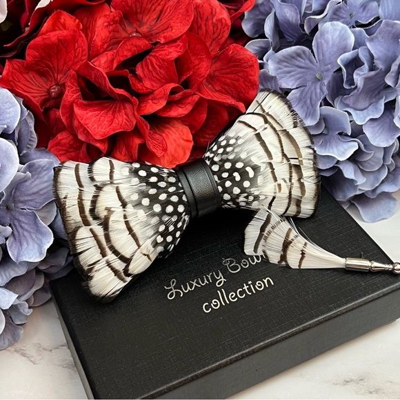 Handmade Black and White Feather Bow Tie Boutonnière Lapel Pin Set - Picture 8 of 16